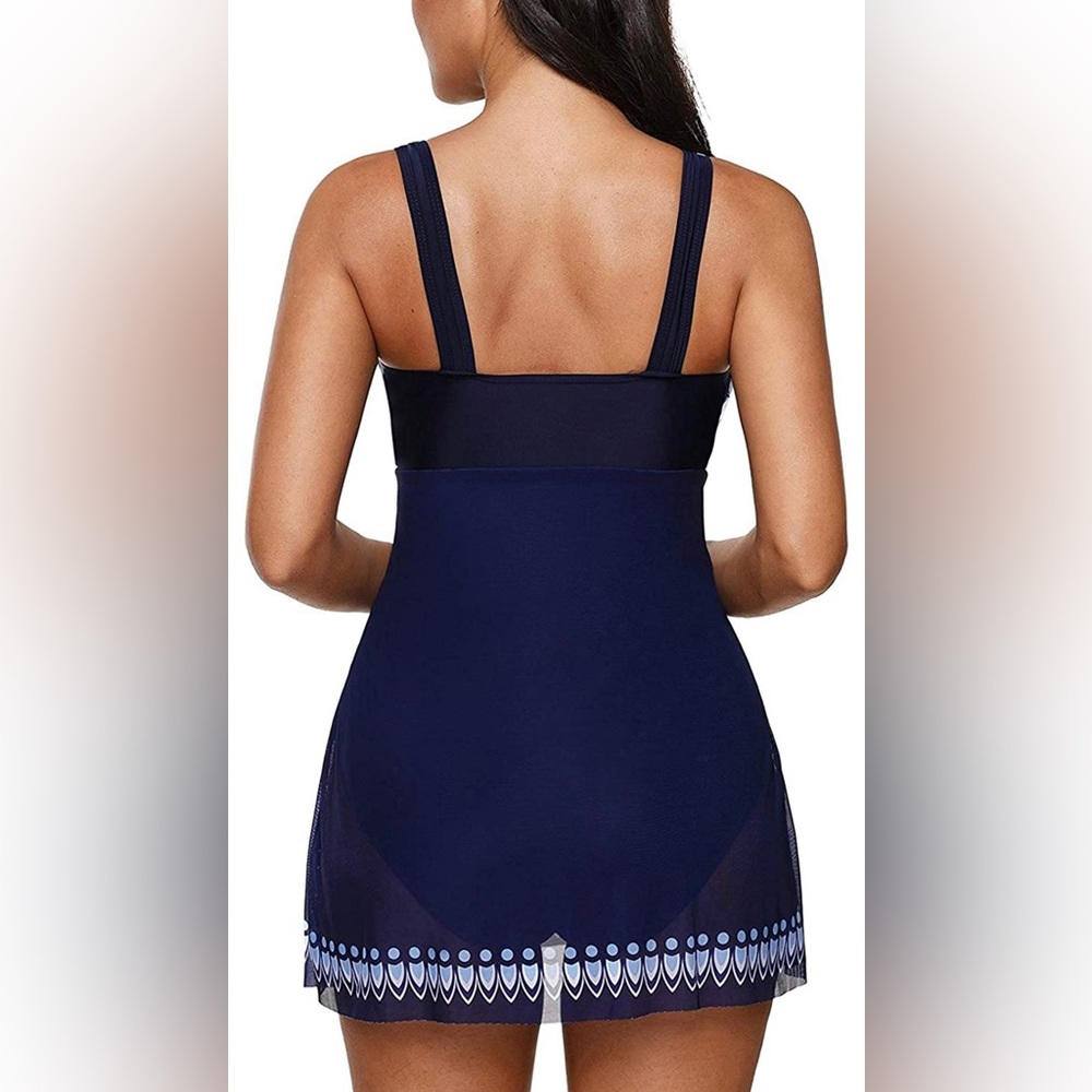 Women’s Swimdress One Piece Swimsuit Tummy Control Mesh Skirt Blue - Size Small - Picture 3 of 10